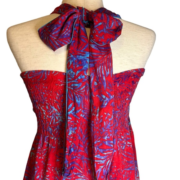 Hula Hula Red Blue Strapless Halter Dress Tie Neck O/S Made in‎ Hawaii Tropical - Picture 6 of 11